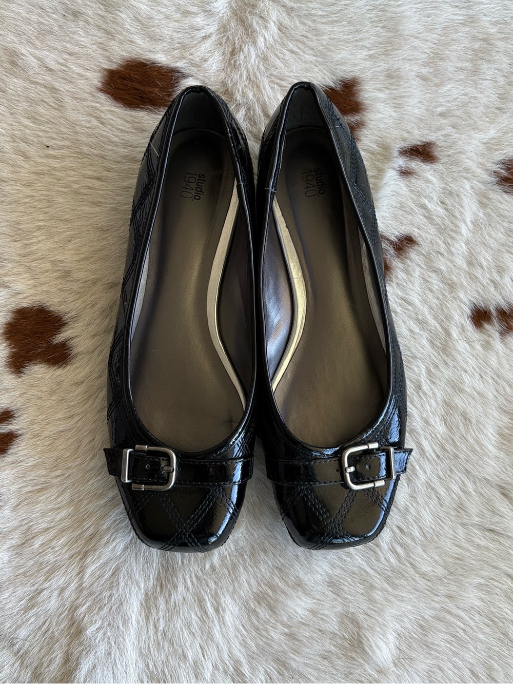 Studio 1940 Black Patent Square-Toe Ballet Flats with Buckle - New, Unworn